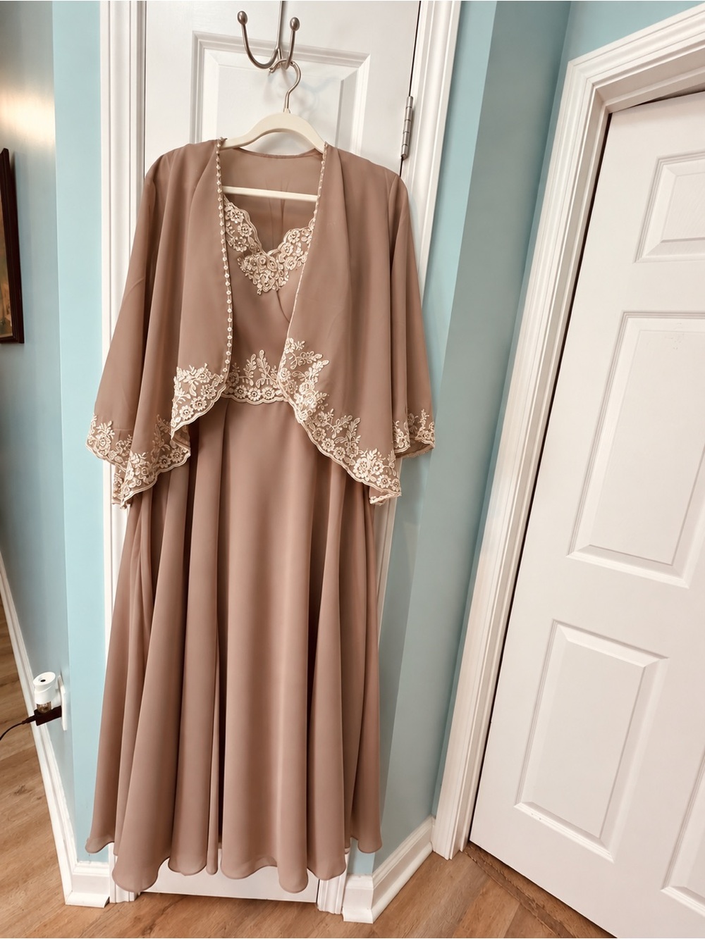 Source Unknown Taupe Maxi Dress with Cream Lace Jacket